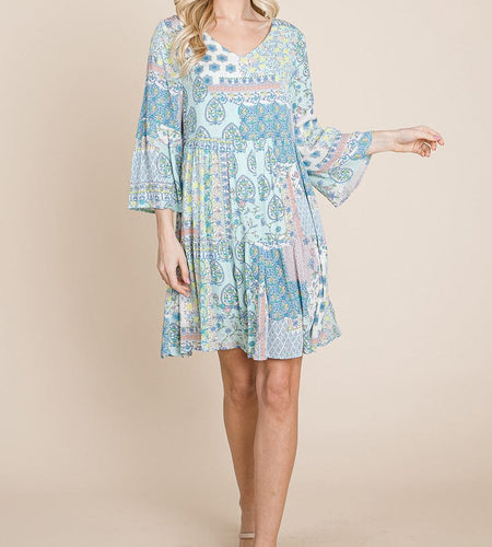 3/4 Sleeve Pleated Floral Flowy Boho swing dresses