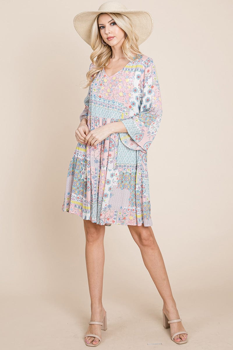 3/4 Sleeve Pleated Floral Flowy Boho swing dresses