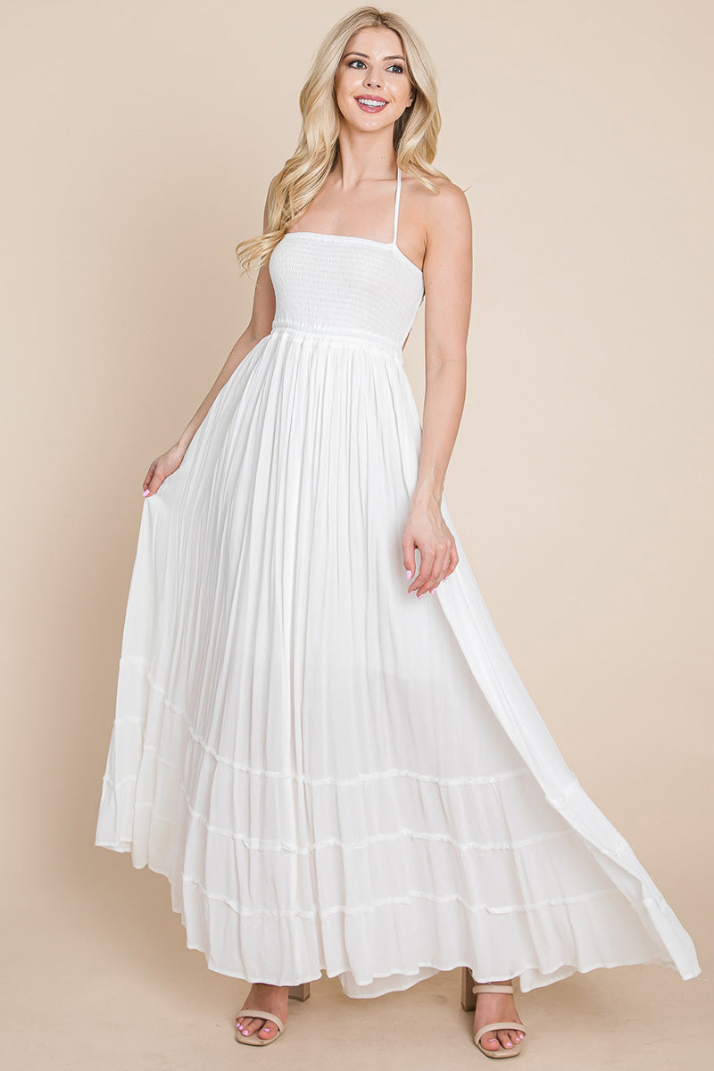 Smocked Flowy Boho Pleated Backless Maxi Dress