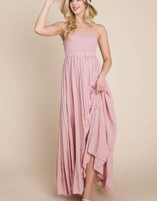 Load image into Gallery viewer, Smocked Flowy Boho Pleated Backless Maxi Dress
