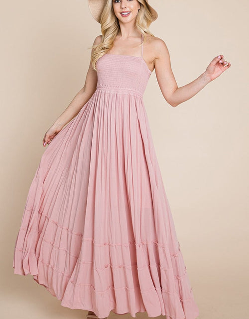 Load image into Gallery viewer, Smocked Flowy Boho Pleated Backless Maxi Dress
