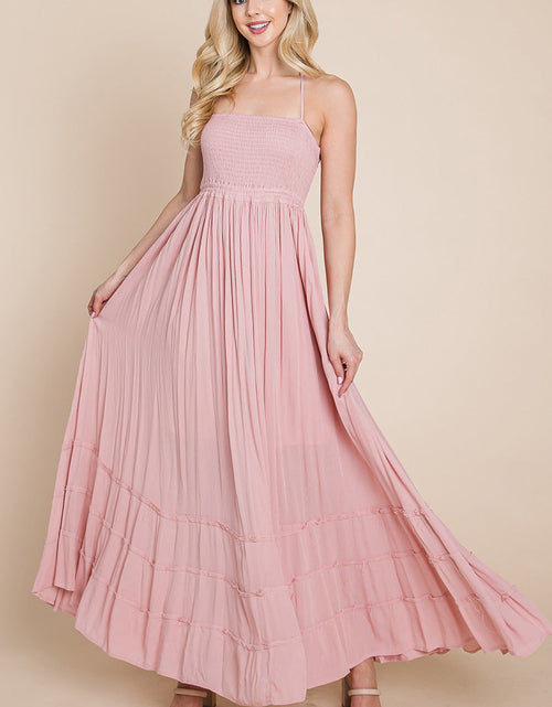 Load image into Gallery viewer, Smocked Flowy Boho Pleated Backless Maxi Dress
