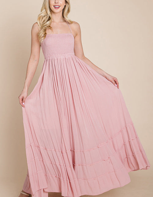 Load image into Gallery viewer, Smocked Flowy Boho Pleated Backless Maxi Dress
