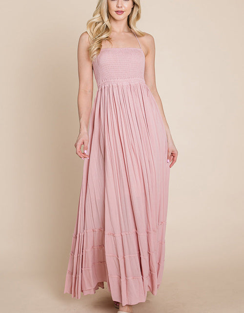 Load image into Gallery viewer, Smocked Flowy Boho Pleated Backless Maxi Dress
