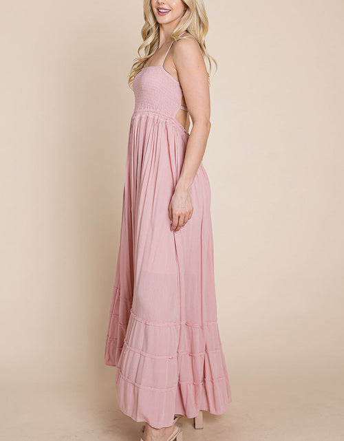 Load image into Gallery viewer, Smocked Flowy Boho Pleated Backless Maxi Dress
