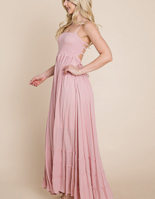 Load image into Gallery viewer, Smocked Flowy Boho Pleated Backless Maxi Dress
