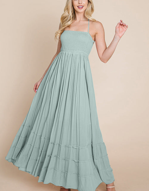 Load image into Gallery viewer, Smocked Flowy Boho Pleated Backless Maxi Dress
