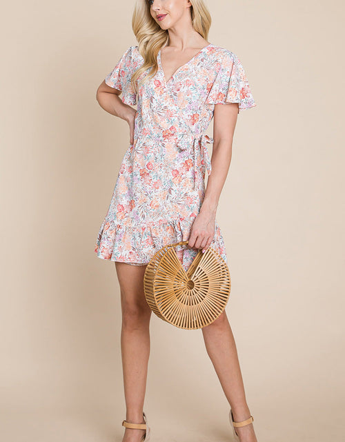 Load image into Gallery viewer, Floral Ruffled Asymmetrical Hem Wrap Dress
