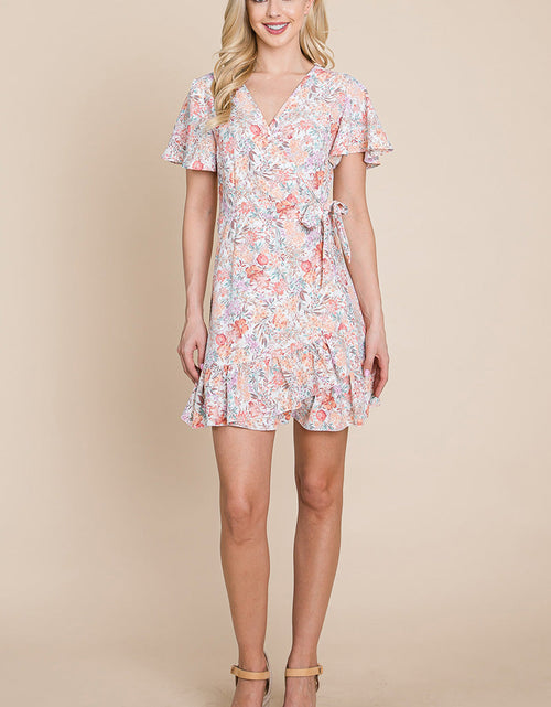 Load image into Gallery viewer, Floral Ruffled Asymmetrical Hem Wrap Dress
