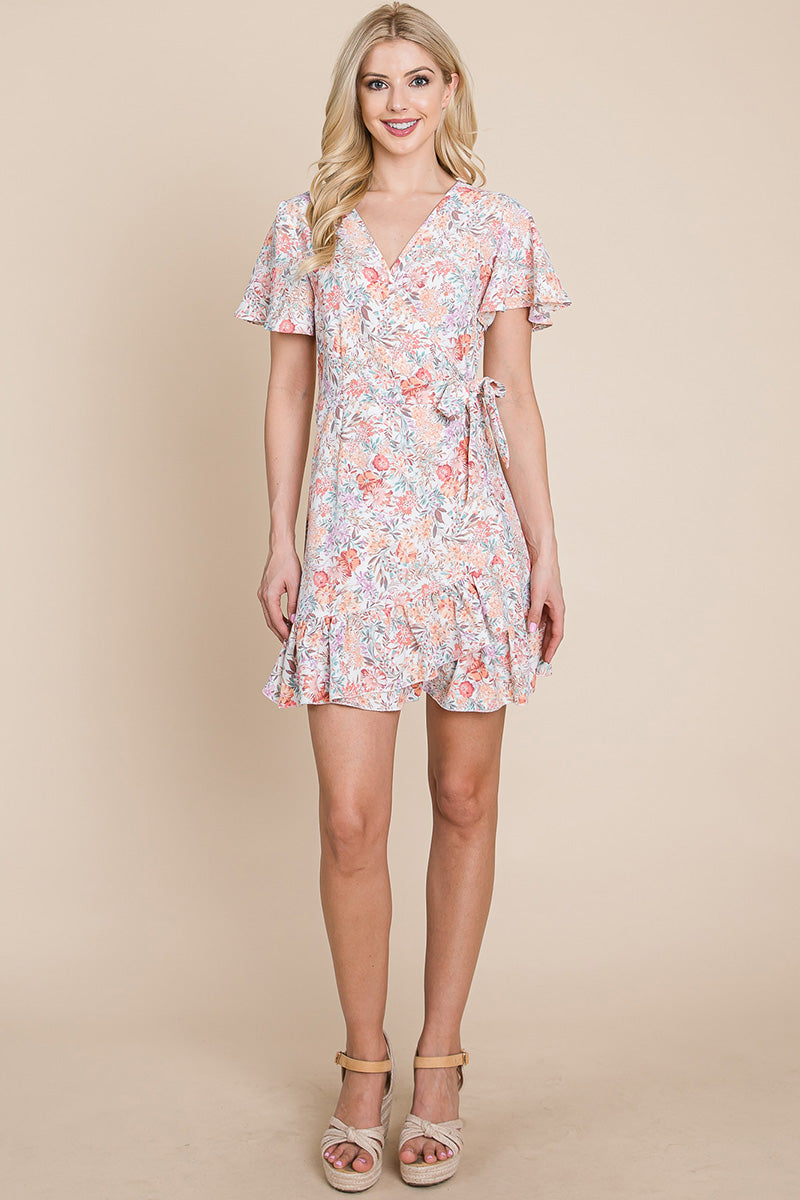 Floral Ruffled Asymmetrical Hem Wrap Dress