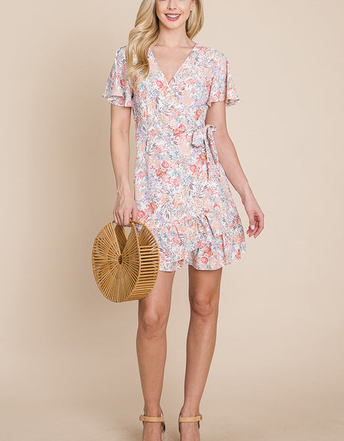 Load image into Gallery viewer, Floral Ruffled Asymmetrical Hem Wrap Dress
