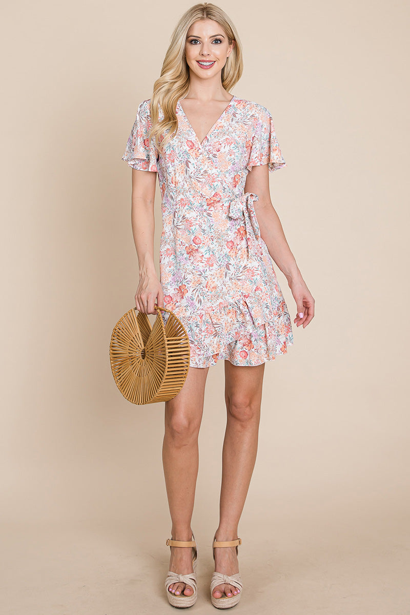 Floral Ruffled Asymmetrical Hem Wrap Dress