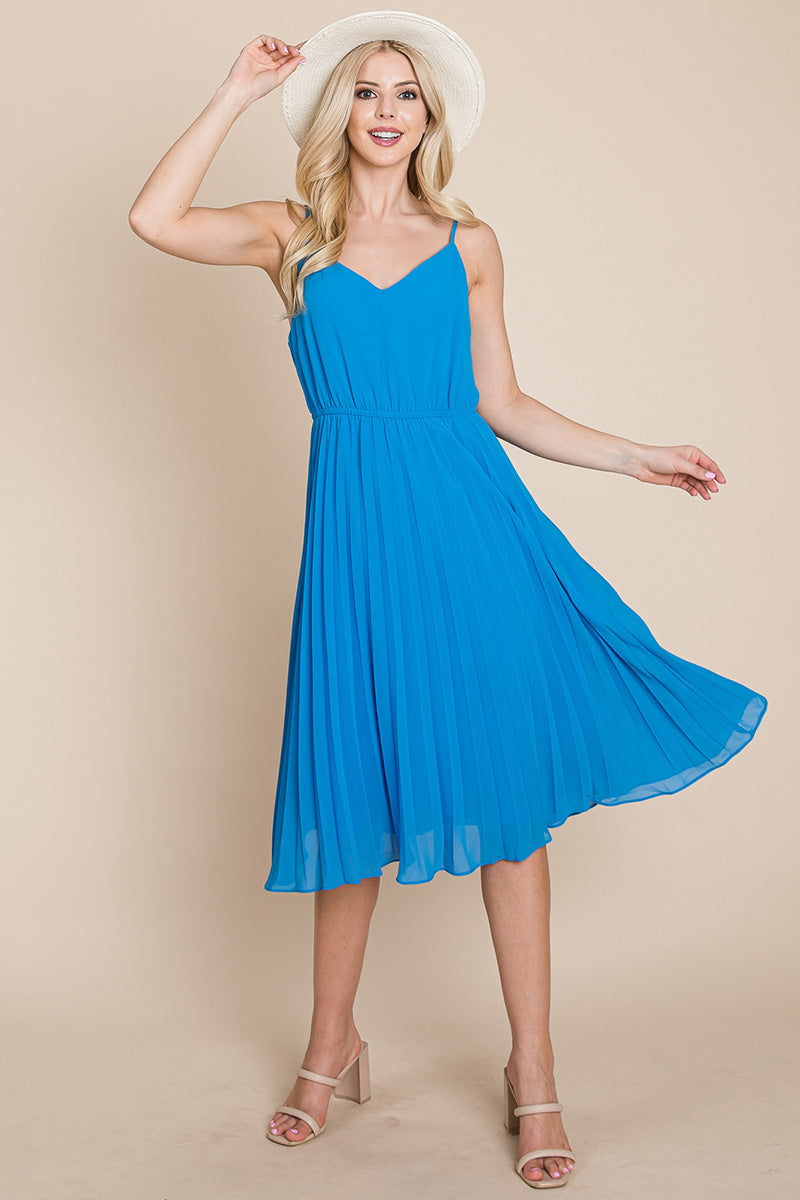 V Neck Pleated Midi Sundress