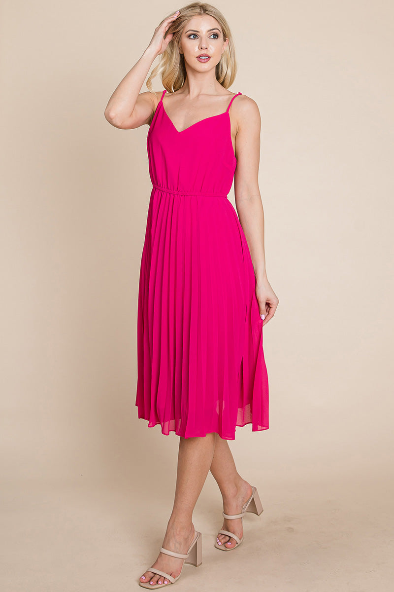 V Neck Pleated Midi Sundress