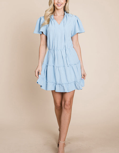 Load image into Gallery viewer, Tiered tie V neck Flutter Sleeve Flowy Tunic Dress
