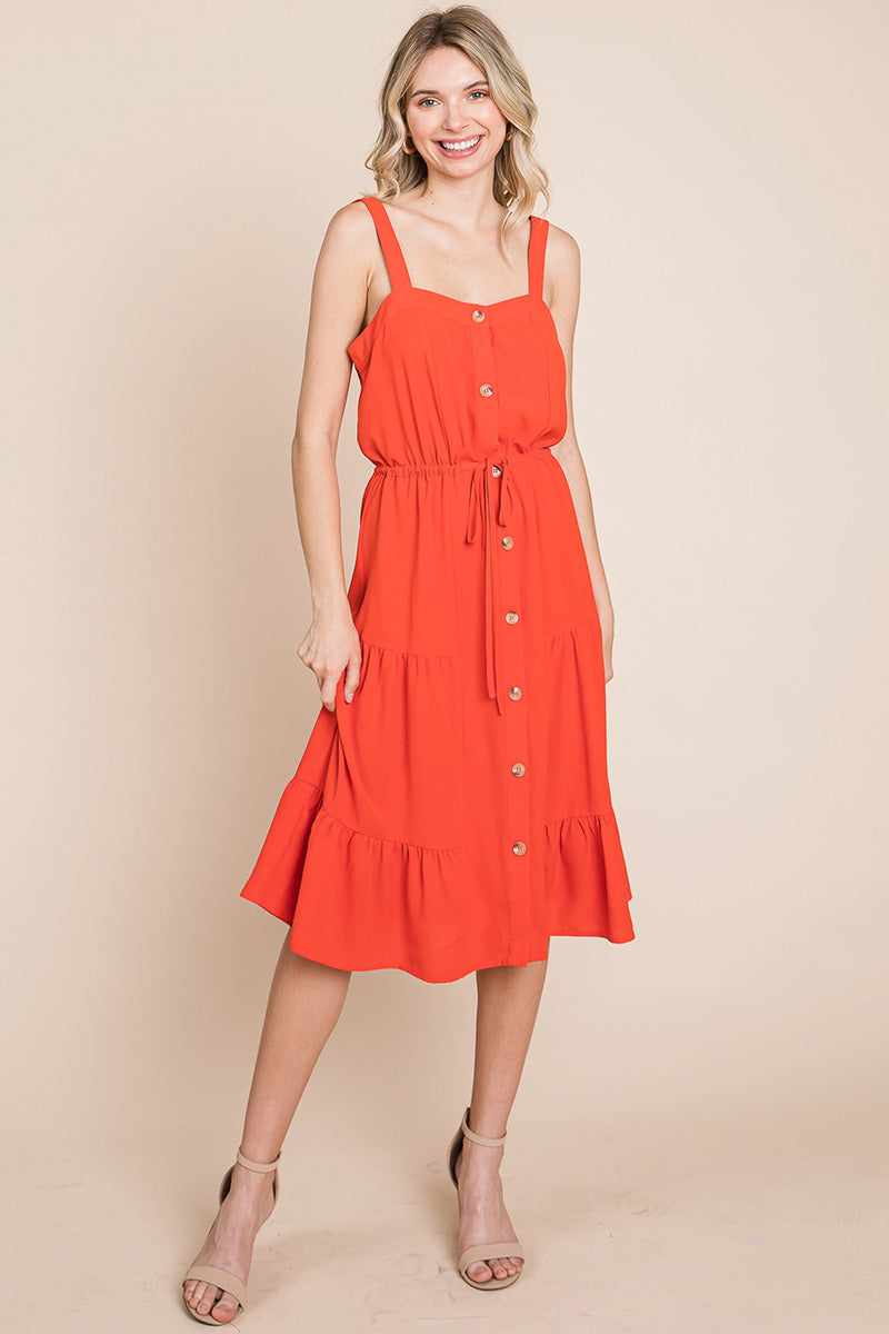 Tiered Square Neck Ruffled Button Midi Sundresses