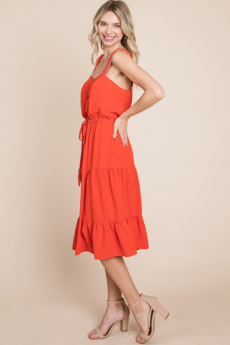 Tiered Square Neck Ruffled Button Midi Sundresses