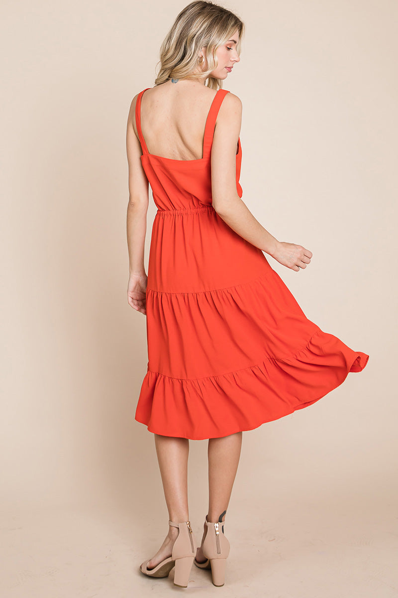 Tiered Square Neck Ruffled Button Midi Sundresses