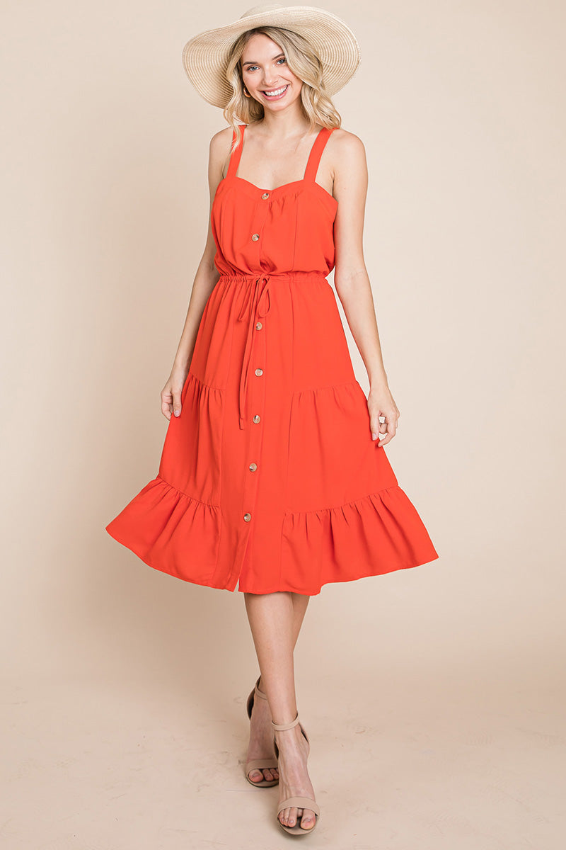 Tiered Square Neck Ruffled Button Midi Sundresses