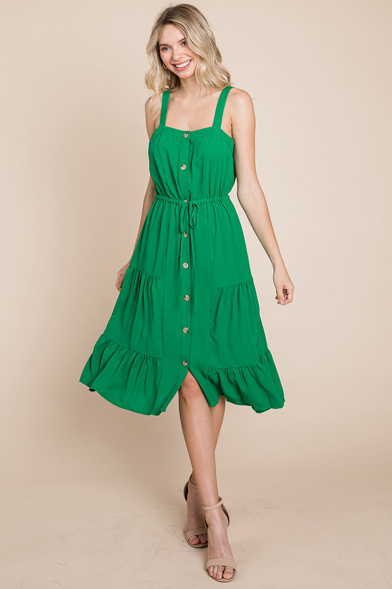 Tiered Square Neck Ruffled Button Midi Sundresses