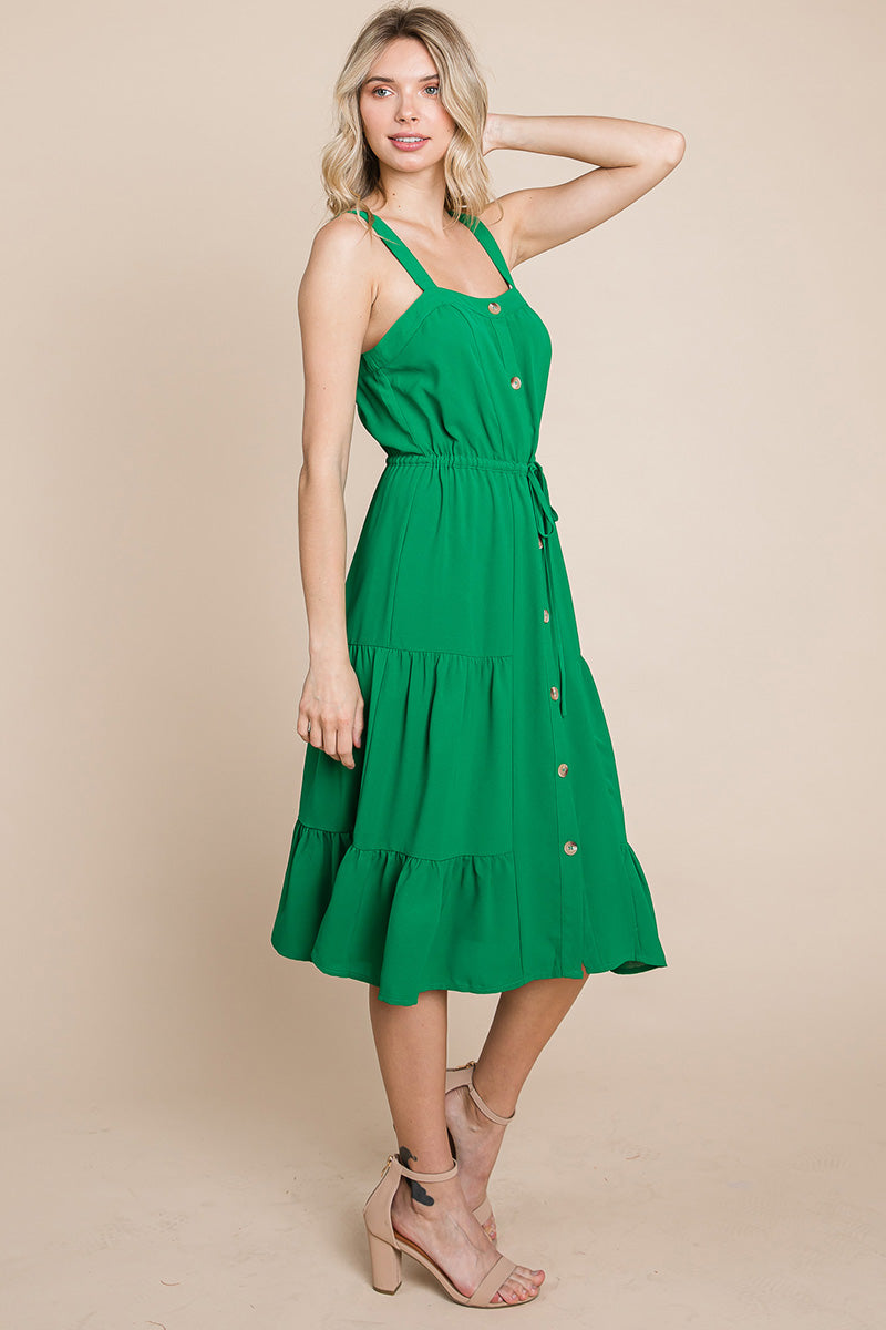 Tiered Square Neck Ruffled Button Midi Sundresses