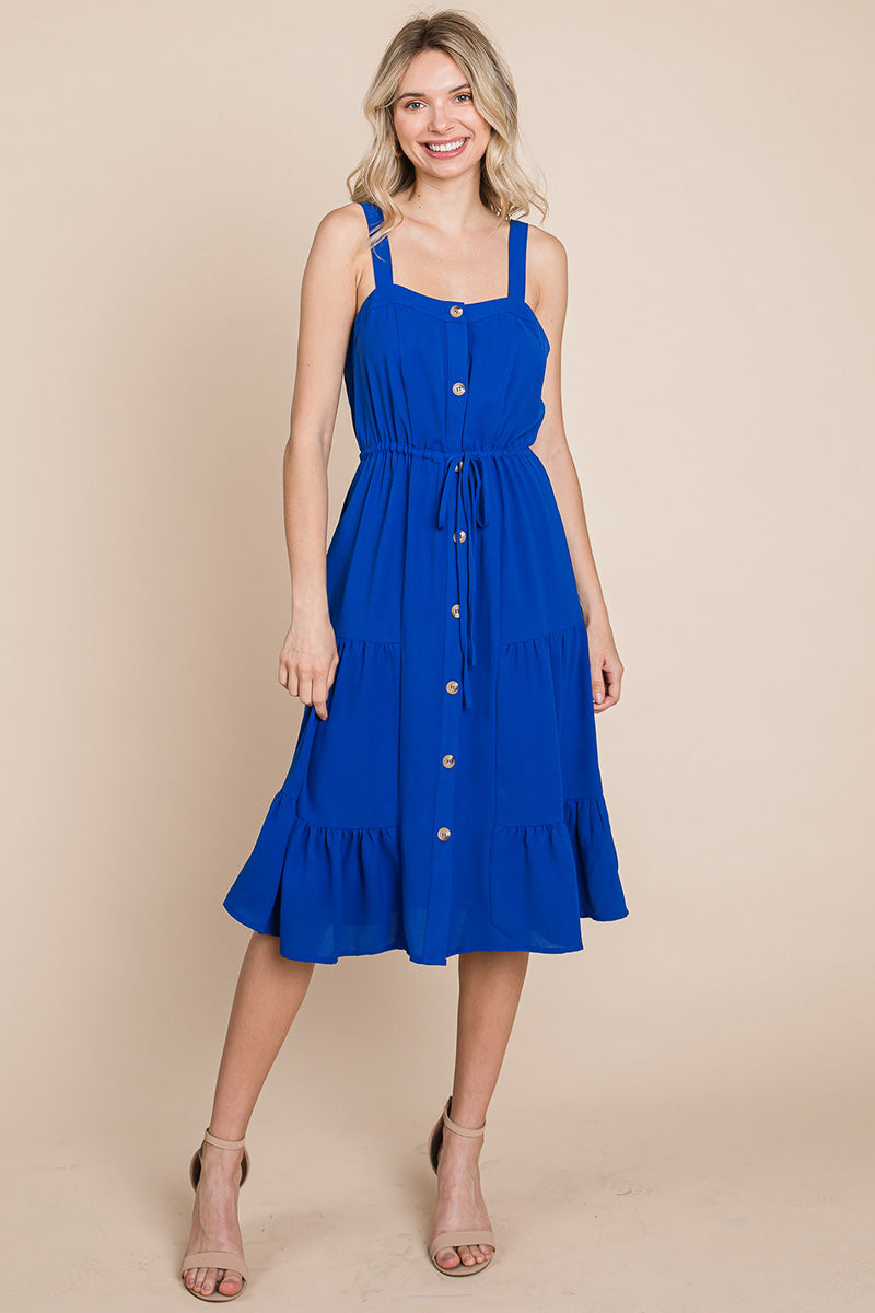 Tiered Square Neck Ruffled Button Midi Sundresses