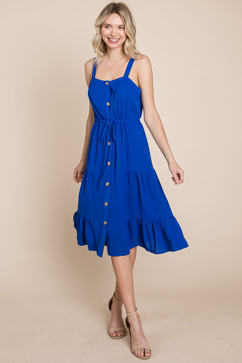 Tiered Square Neck Ruffled Button Midi Sundresses