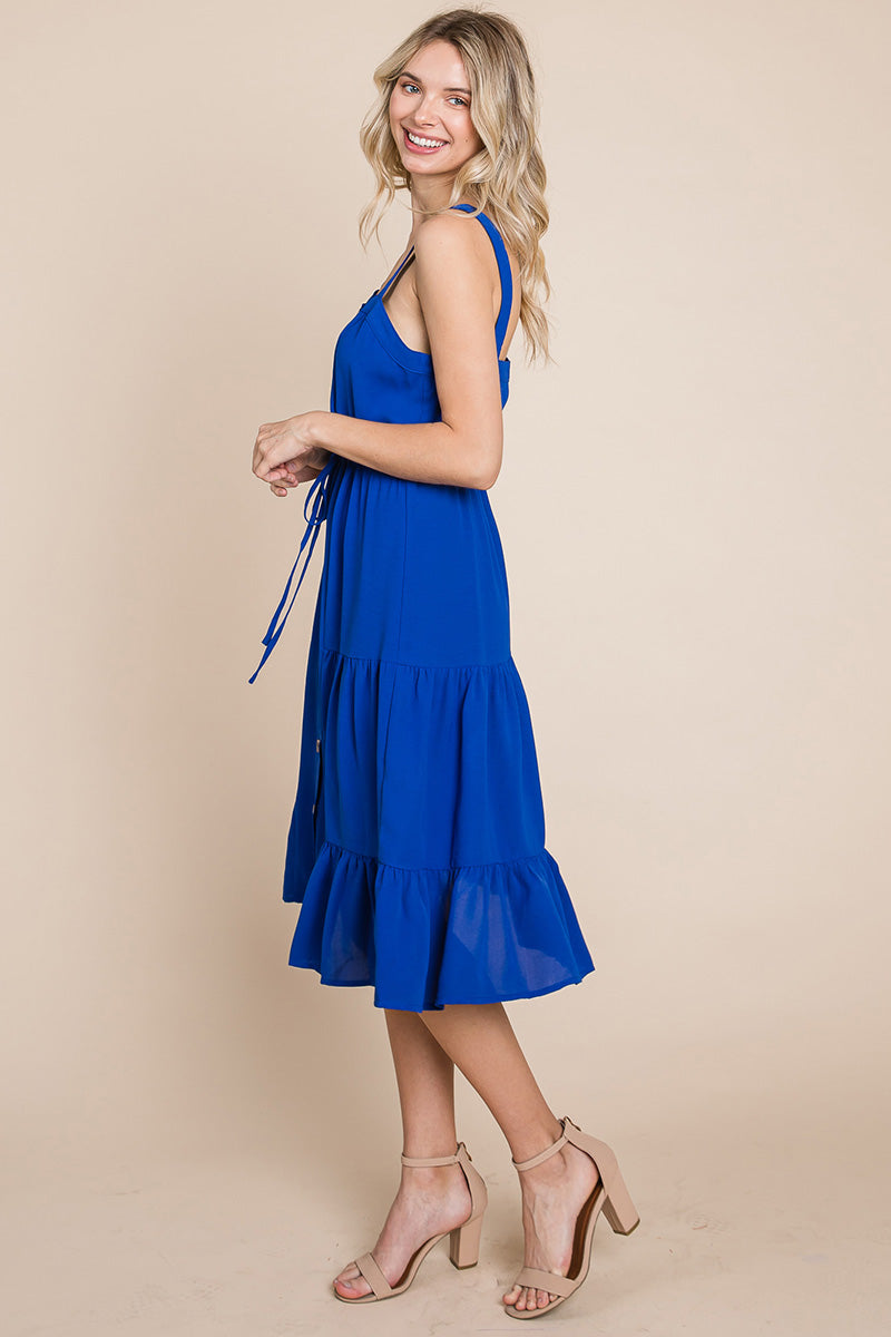 Tiered Square Neck Ruffled Button Midi Sundresses