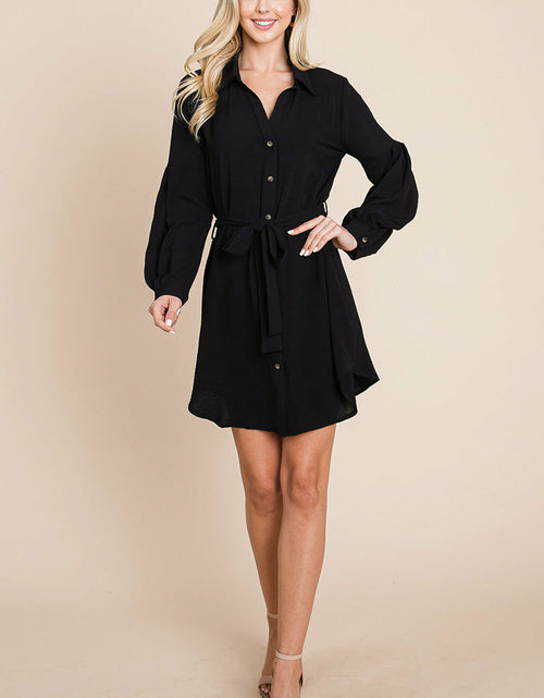 Load image into Gallery viewer, Collared Button Down Tie Belt Shirt Dress
