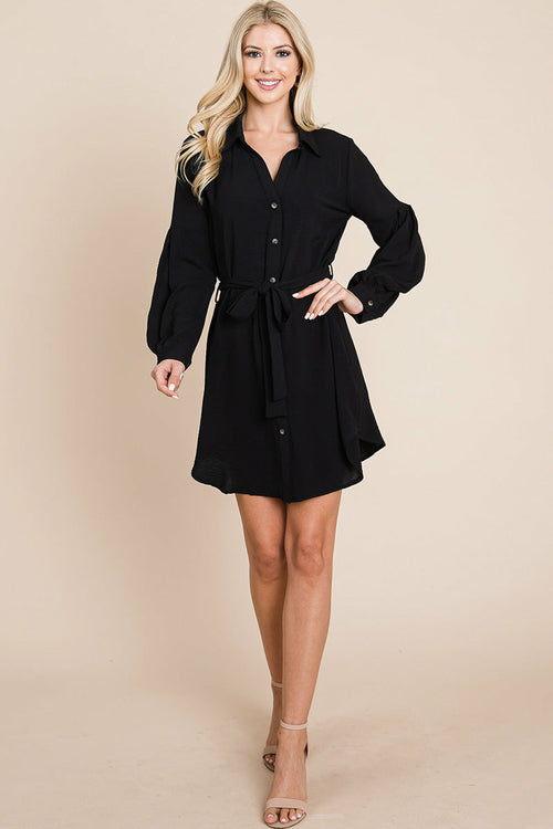 Collared Button Down Tie Belt Shirt Dress