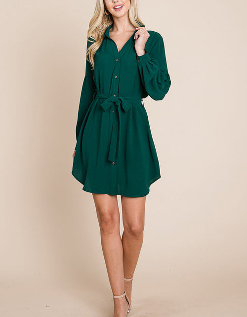 Load image into Gallery viewer, Collared Button Down Tie Belt Shirt Dress
