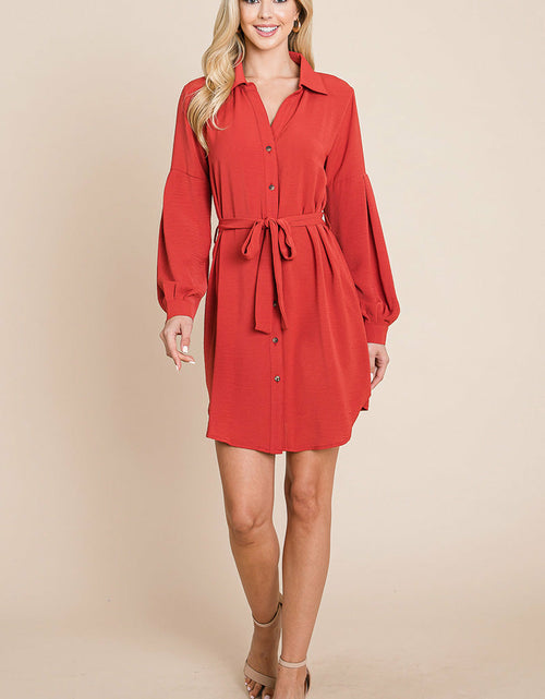 Load image into Gallery viewer, Collared Button Down Tie Belt Shirt Dress
