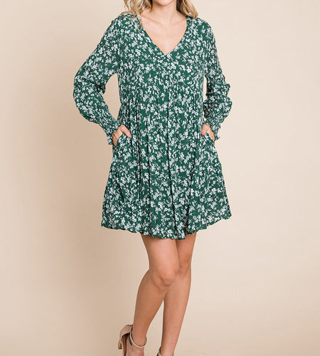 V neck Floral Printed Long Sleeve Pleated Dress
