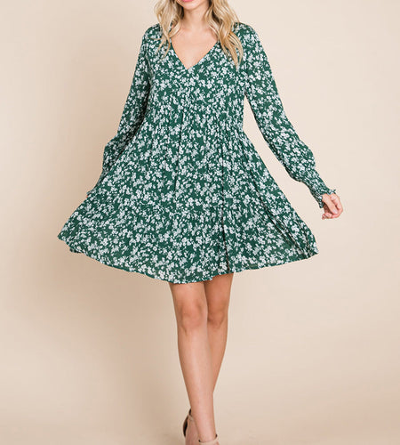 V neck Floral Printed Long Sleeve Pleated Dress
