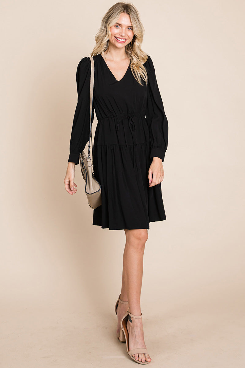 Long Sleeve Tiered Waist String Ruched Dress