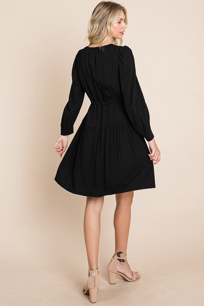 Long Sleeve Tiered Waist String Ruched Dress