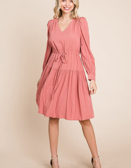 Load image into Gallery viewer, Long Sleeve Tiered Waist String Ruched Dress
