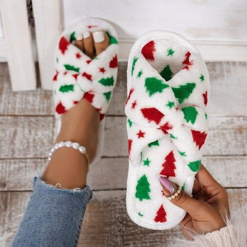 Christmas Tree Pattern Furry Bedroom Slippers