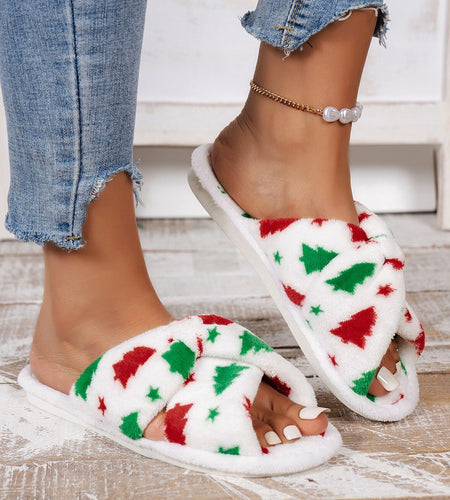 Christmas Tree Pattern Furry Bedroom Slippers
