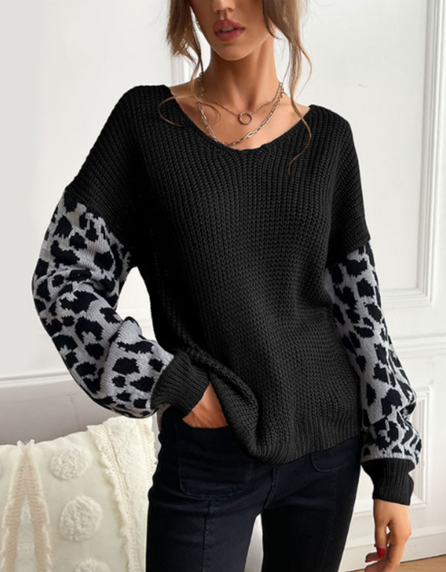 Load image into Gallery viewer, Womens V Neck Sweater With Leopard Print Sleeves
