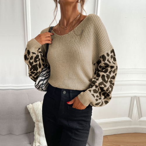 Load image into Gallery viewer, Womens V Neck Sweater With Leopard Print Sleeves
