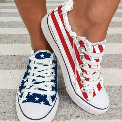 Load image into Gallery viewer, Star Striped Lace Up Sneakers Round Toe Casual Shoes
