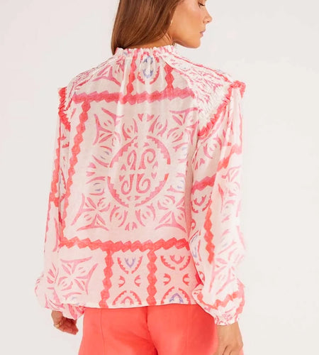 Desert Flower Vintage Print Smocked Poet Collar Billowy Blouson