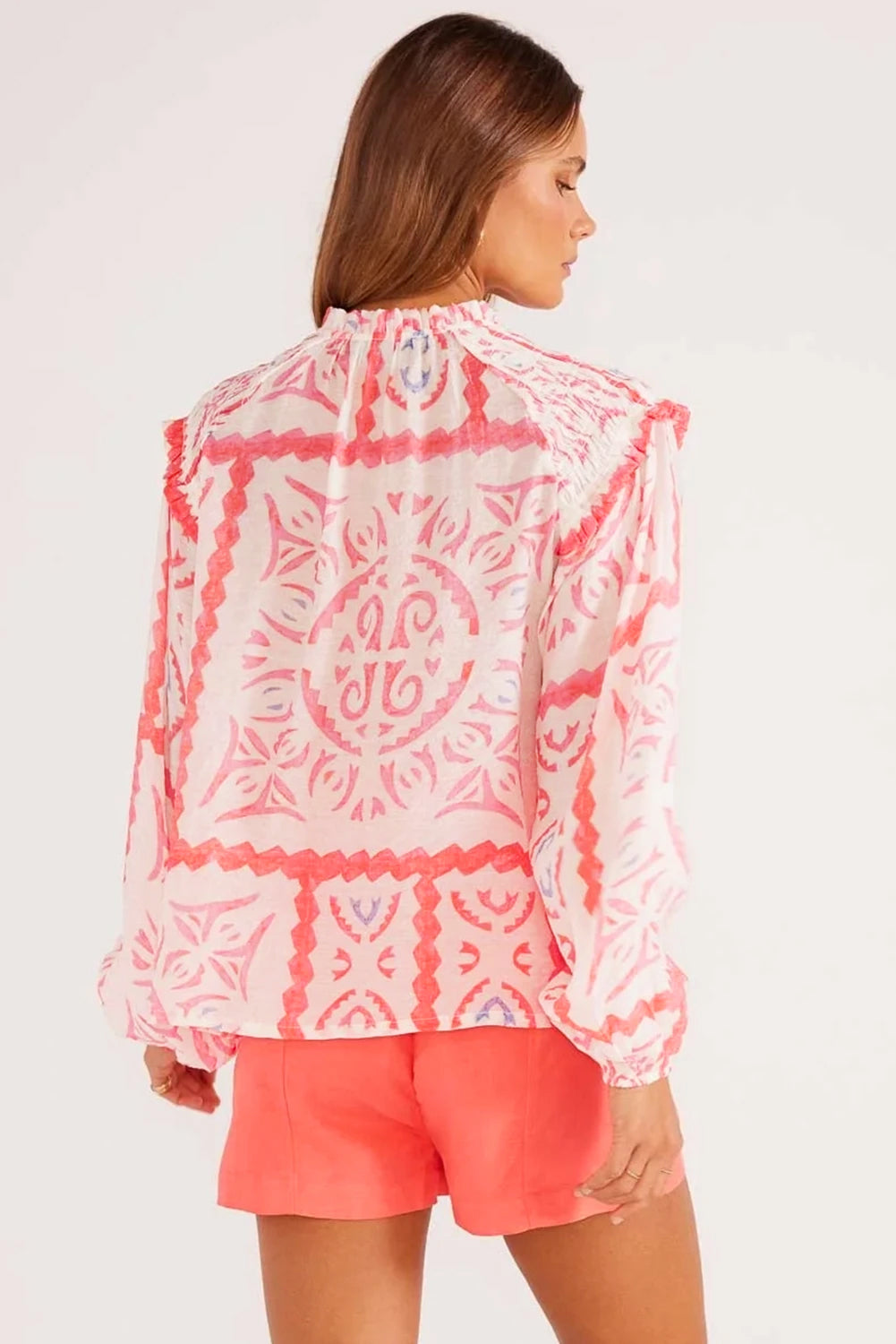 Desert Flower Vintage Print Smocked Poet Collar Billowy Blouson