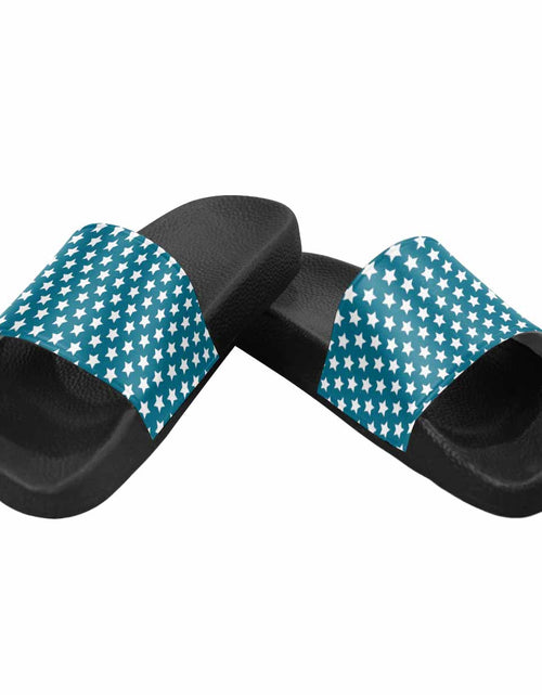 Load image into Gallery viewer, Mens Slide Sandals, Aqua Blue and White Stars
