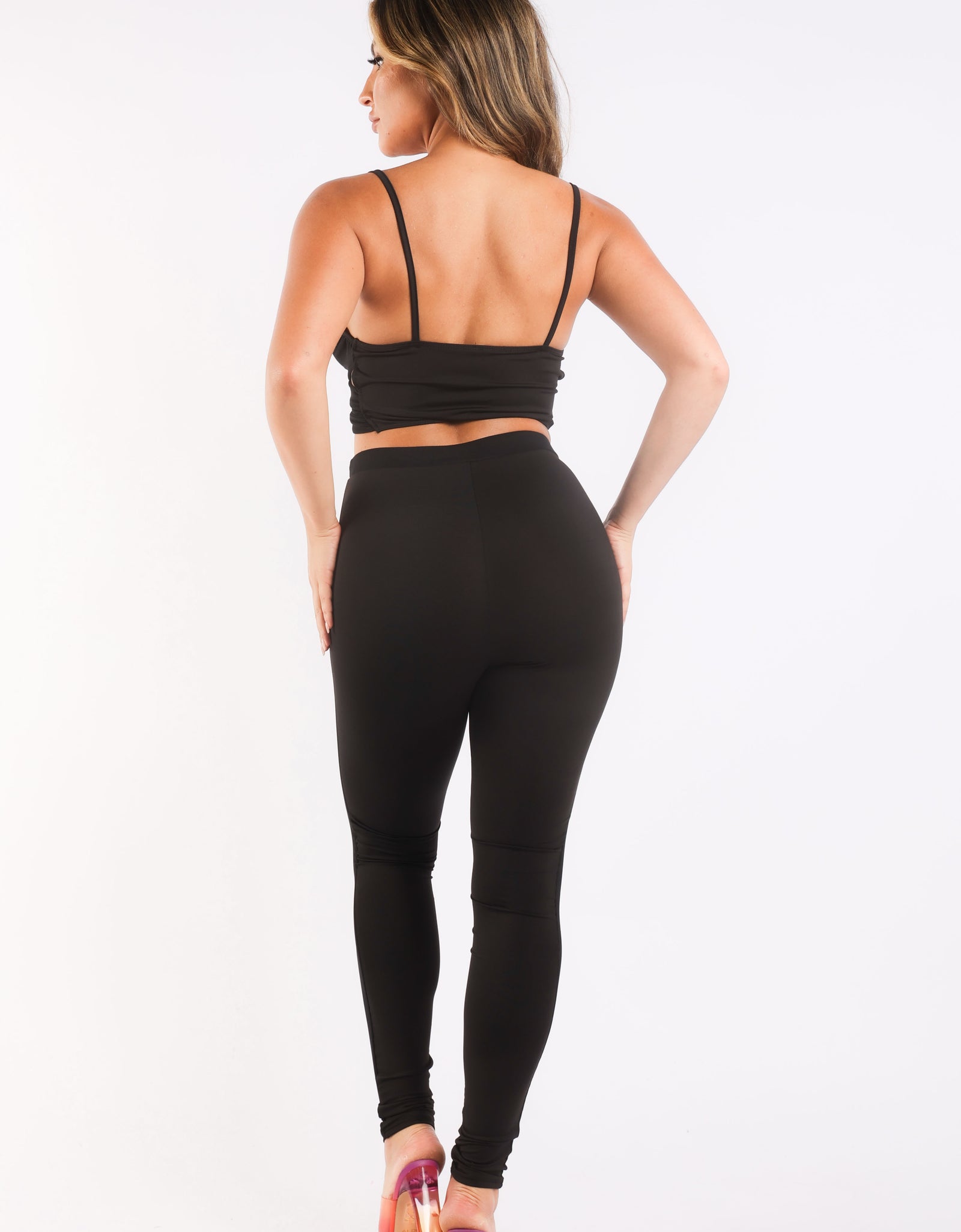 Mesh Contrast Sets Casual Sports Strappy Sleeve Top & Leggings BLACK