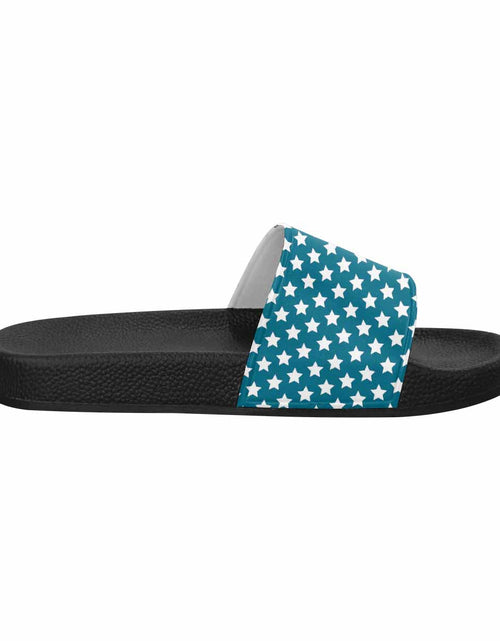 Load image into Gallery viewer, Mens Slide Sandals, Aqua Blue and White Stars
